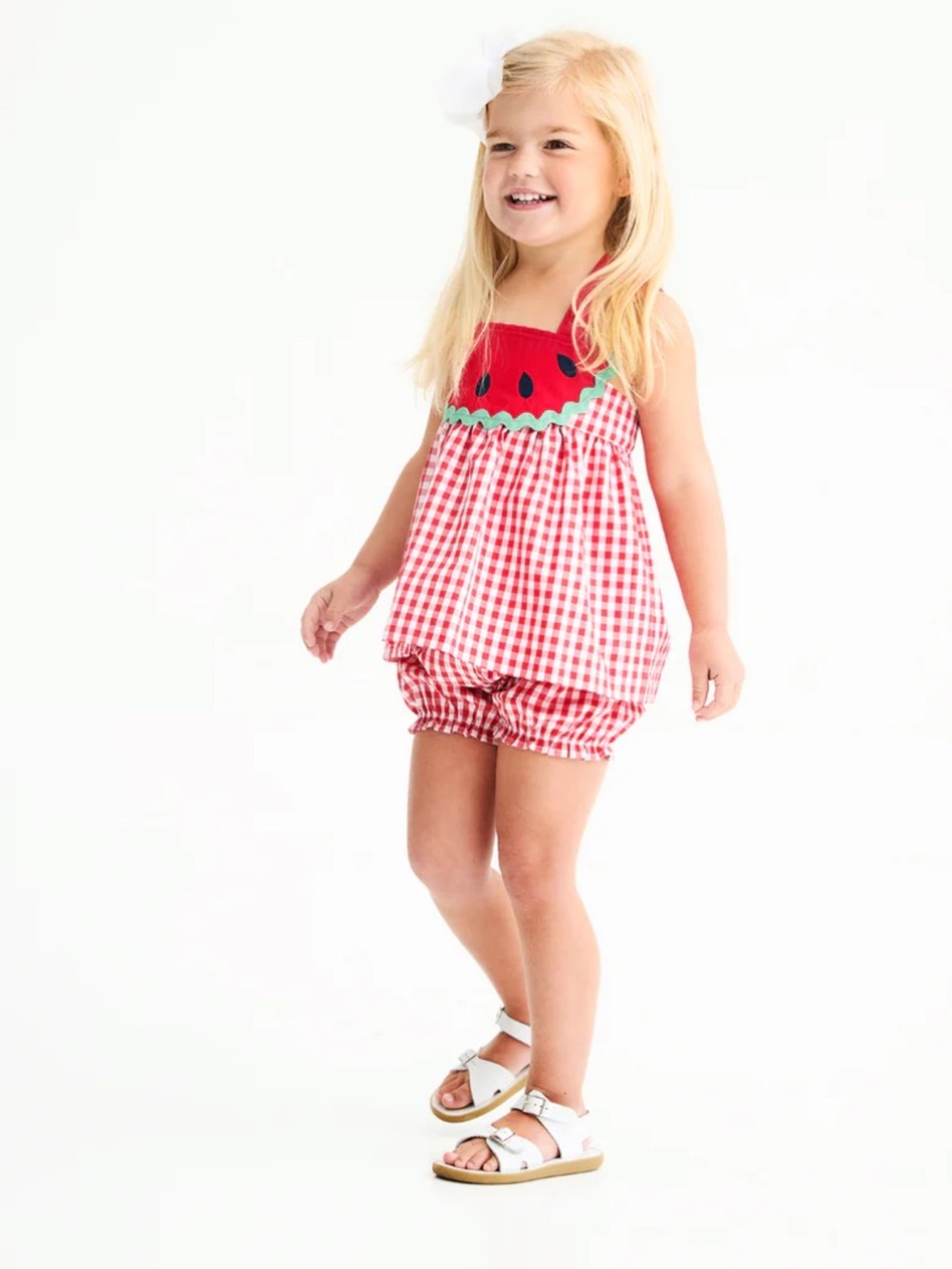 The Beaufort Bonnet Company Gingham Watermelon Appliqué Dress w Ruffle Bloomers